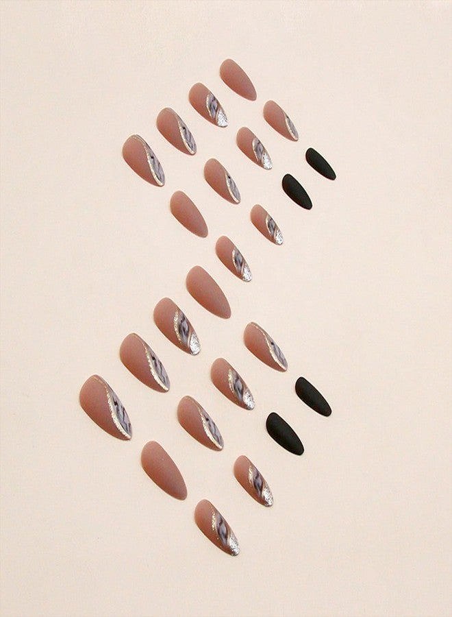 TOGZOM Almond Press on Nails Medium Fake Nails Nude False Nails with Designs Gold Glitter Line Glue on Nail Marble Full Cover Acrylic Nails Brown Matte Stick on Nail for Women 24 Pcs - Image 2